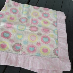 Handmade Baby Girl Blanket Beige Pink Hearts Flowers 33x35 Colorful Receiving
